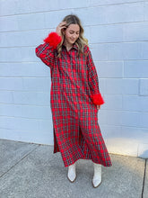 Load image into Gallery viewer, Queen Of Sparkles Red &amp; Green Plaid Feather Sleeve Button Up Midi Dress