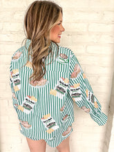 Load image into Gallery viewer, Queen Of Sparkles Green &amp; White Cafe Du Monde Icon Button Up