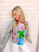 Load image into Gallery viewer, Queen Of Sparkles Grey Multi Candy Cane Multi Bow Sweater