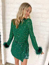 Load image into Gallery viewer, Queen Of Sparkles Green Feather Multi Rhinestone Sequin Romper
