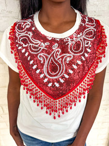 Queen Of Sparkles White and Red Sequin Bandana Fringe Tee