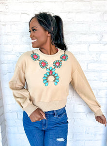 Queen Of Sparkles Tan Turquoise Necklace Sweatshirt