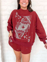 Load image into Gallery viewer, Queen Of Sparkles Maroon &amp; Grey Scattered Jewel QOS Card Logo Sweatshirt