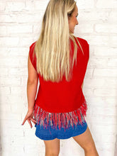 Load image into Gallery viewer, Back view of Queen of Sparkles Roll Tide fringe sweater with red and silver fringe with a solid back