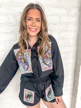 Load image into Gallery viewer, Queen Of Sparkles Black Queen Card &amp; Sparkle Collar Button Up Cotton Top