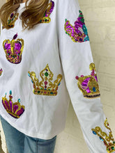 Load image into Gallery viewer, Mardi Gras Crown Jewel &amp; Sequin Long Sleeve Top (front &amp; back)