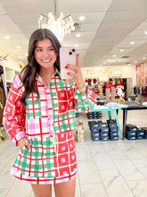 Load image into Gallery viewer, Queen Of Sparkles Red, Green, Ivory Plaid Button Up