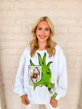 Load image into Gallery viewer, Queen Of Sparkles White &amp; Green Hand Holding QOS Card Sweatshirt
