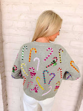 Load image into Gallery viewer, Queen Of Sparkles Grey Multi Candy Cane Multi Bow Sweater