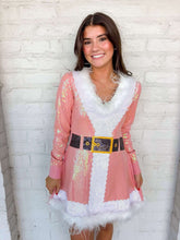 Load image into Gallery viewer, Queen Of Sparkles Pink Sequin Feather Trim Santa Knit Dress