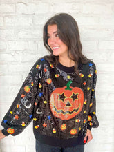 Load image into Gallery viewer, Queen Of Sparkles Black Full Sequin Pumpkin Mini Icon Sweater