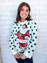 Load image into Gallery viewer, Queen Of Sparkles White &amp; Green Polka Dot Sequin Santa Sweater