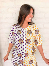 Load image into Gallery viewer, Queen Of Sparkles Licensed LSU Mascot Polka Dot Colorblock Button Up Top