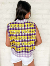 Load image into Gallery viewer, Queen Of Sparkles Licensed LSU Gingham Sequin Beaded Word Knit Tank