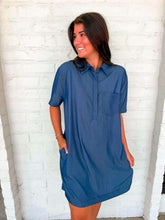 Load image into Gallery viewer, Brunch Date Dark Denim Shirt Dress