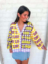 Load image into Gallery viewer, Queen Of Sparkles LSU Gingham Sequin Beaded Word Cardigan