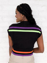 Load image into Gallery viewer, Queen Of Sparkles Hocus Pocus Black Sweater Top with purple sparkle cauldron and green, purple and orange stripes