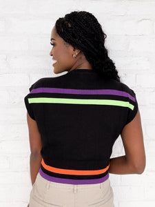 Queen Of Sparkles Hocus Pocus Black Sweater Top with purple sparkle cauldron and green, purple and orange stripes