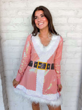 Load image into Gallery viewer, Queen Of Sparkles Pink Sequin Feather Trim Santa Knit Dress