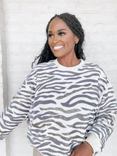Load image into Gallery viewer, Queen Of Sparkles Cream &amp; Black Zebra Sweatshirt with full sequin beading and crew neck