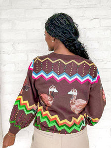 Queen Of Sparkles Brown Multi Zig Zag Duck Cardigan with sequin mallard ducks and multi color pearl beading