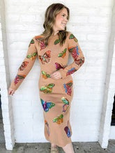 Load image into Gallery viewer, Queen of Sparkles Tan Multi Butterfly Knit Midi Dress with camel color knit long sleeves and multicolor sequined monarch butterflies
