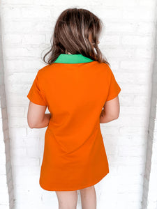 Queen Of Sparkles Orange Pumpkin Dress with black sequin jack-o-lantern face and green collar