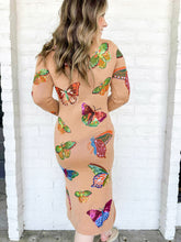 Load image into Gallery viewer, Queen of Sparkles Tan Multi Butterfly Knit Midi Dress with camel color knit long sleeves and multicolor sequined monarch butterflies