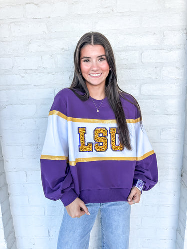 Queen Of Sparkles LSU Color Block Jewel Letters Sweatshirt