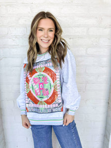 Queen Of Sparkles Grey Multi Mahjong Table Sweatshirt with sequin mahjong tiles and green orange and baby pink