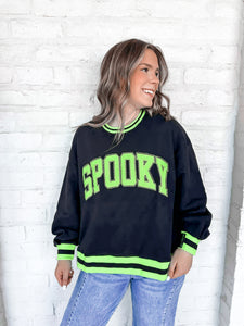  Queen Of Sparkles Black and Neon ‘Spooky’ Sweatshirt with bright green and silver beaded block letters with striped trim