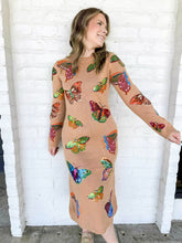 Load image into Gallery viewer, Queen of Sparkles Tan Multi Butterfly Knit Midi Dress with camel color knit long sleeves and multicolor sequined monarch butterflies