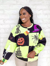 Load image into Gallery viewer, Queen Of Sparkles Green And Black Checkered Icon Sweatshirt with purple sequin witches hat, orange pumpkin, sequin spiderweb and candy corn