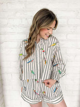 Load image into Gallery viewer, Queen Of Sparkles Striped Fishing Lure Button Up Cotton Top