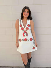 Load image into Gallery viewer, Queen Of Sparkles White Denim &amp; Pink Necklace Vneck Dress