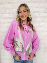 Load image into Gallery viewer, Queen Of Sparkles Pink Striped Sequin Swan Button Up Long Sleeve Top