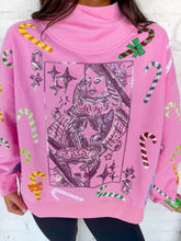 Load image into Gallery viewer, Queen Of Sparkles Pink Candy Cane QOS Card Mock Neck Sweatshirt