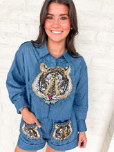 Load image into Gallery viewer, Queen Of Sparkles Denim Cotton Ruffle Tiger Patch Button Up Top