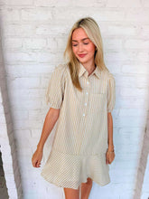 Load image into Gallery viewer, Taupe Stripe Puff Sleeve Shirt Mini Dress