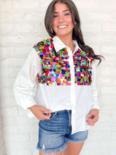 Load image into Gallery viewer, Queen Of Sparkles White Multi Paillette Button Up Cotton Top