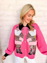 Load image into Gallery viewer, Queen Of Sparkles Pink &amp; Black Collar Santa in Leopard Suit Cardigan