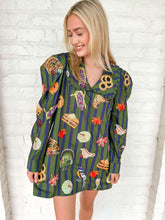 Load image into Gallery viewer, Queen Of Sparkles Dark Green &amp; Blue Striped Thanksgiving Icon Collar Dress
