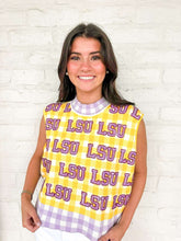 Load image into Gallery viewer, Queen Of Sparkles Licensed LSU Gingham Sequin Beaded Word Knit Tank