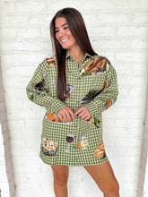 Load image into Gallery viewer, Queen Of Sparkles Green Plaid Thanksgiving Icons Button Up Dress