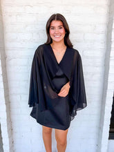 Load image into Gallery viewer, Wrap Me Up Black Cape Satin Dress