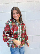 Load image into Gallery viewer, Queen Of Sparkles Red,Green, &amp; White Plaid Poinsettia Button Up Top