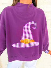 Load image into Gallery viewer, Queen Of Sparkles Dark Purple Gingham Witch Hat Mockneck