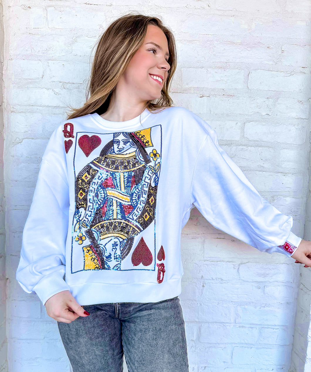 Queen Of Sparkles White Queen Of Hearts Card Sweatshirt