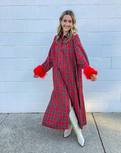Load image into Gallery viewer, Queen Of Sparkles Red &amp; Green Plaid Feather Sleeve Button Up Midi Dress