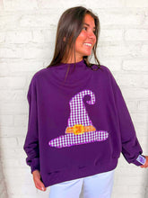 Load image into Gallery viewer, Queen Of Sparkles Dark Purple Gingham Witch Hat Mockneck